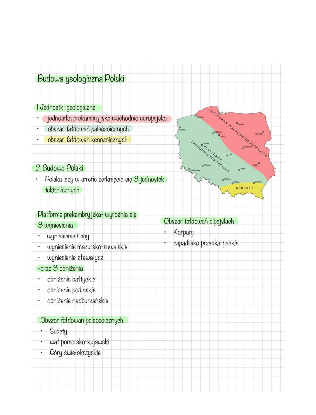 Budowa geologiczna Polski
Jednostki geologiczne
jednostka prekambryjska wschodnio europejska
obszar fatdowań paleozoicznych
obszar fatdowań