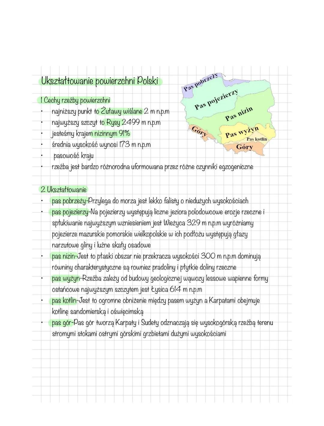 Ukształtowanie powierzchni Polski
Cechy rzeźby powierzchni
najniższy punkt to Żuławy wiślane 2 m n.p.m
najwyższy szczyt to Rysy 2499 m n.p.m
