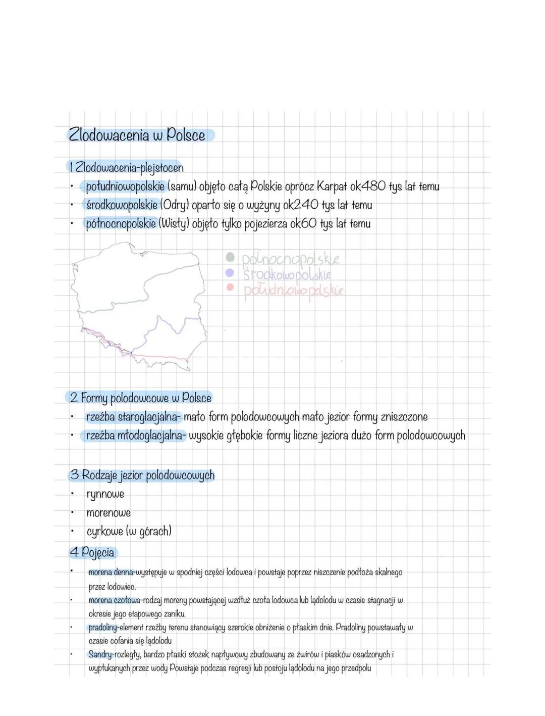 Zlodowacenia w Polsce
Zlodowacenia-plejstocen
południowopolskie (samu) objęło całą Polskie oprócz Karpat ok480 tys lat temu
środkowopolskie