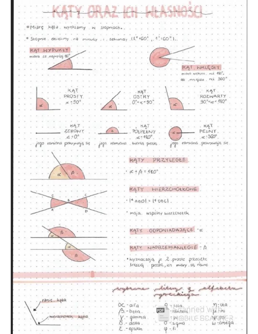# KATY ORAZ ICH WŁASNOŚCI
* Miarę kąta, wyrażamy w stopniach..
* Stopnie dzielimy na minuty . sehundy (1° 60', 1':60")..
KAT WYPUKEY