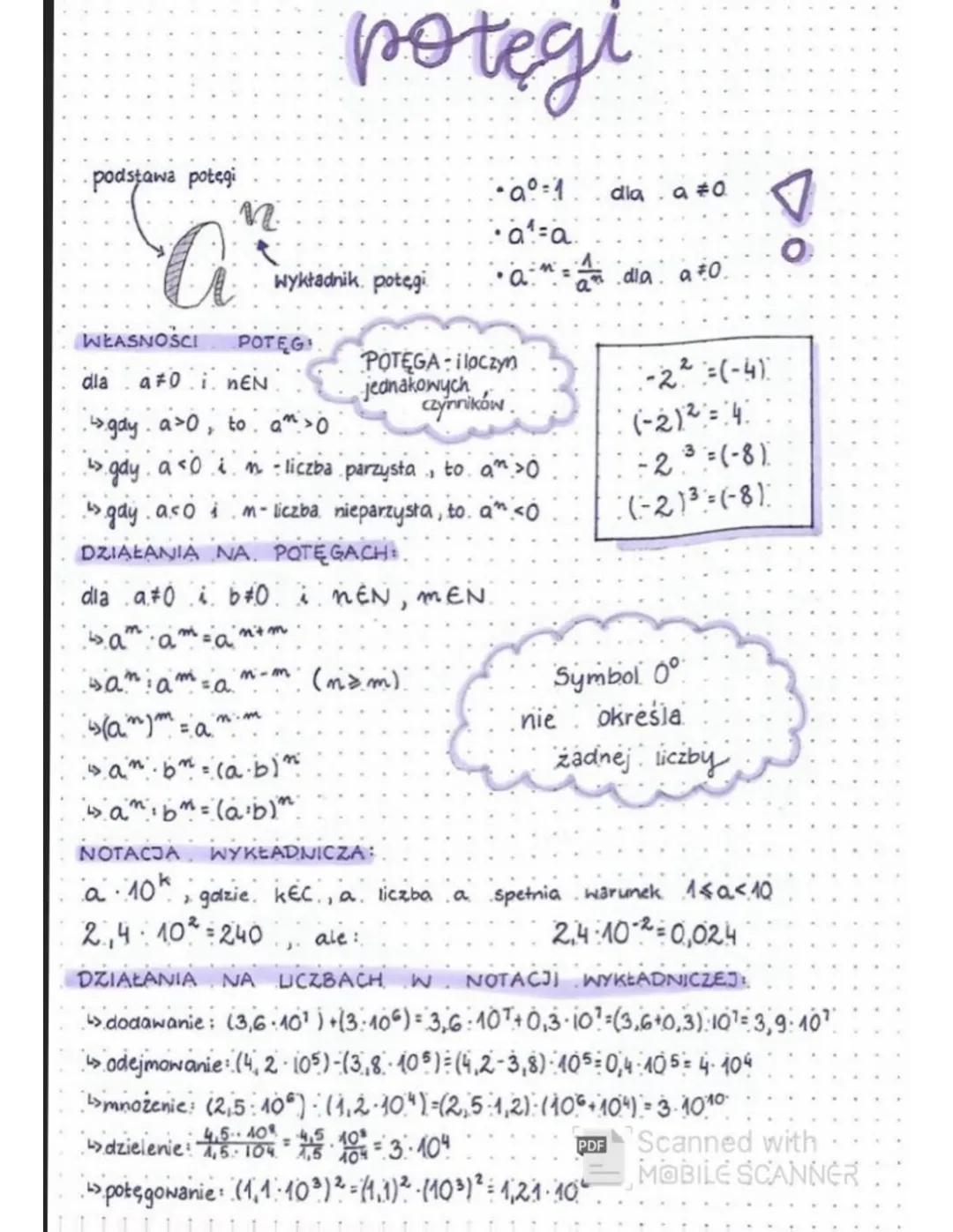 potęgi
podstawa potegi
a
M
wykładnik potęgi
WŁASNOŚCI POTĘG
dla a 70nEN
• ↳ gay a³0, to am > O
• a° = 1.
POTĘGA iloczyn
jednakowych
Czynnikó