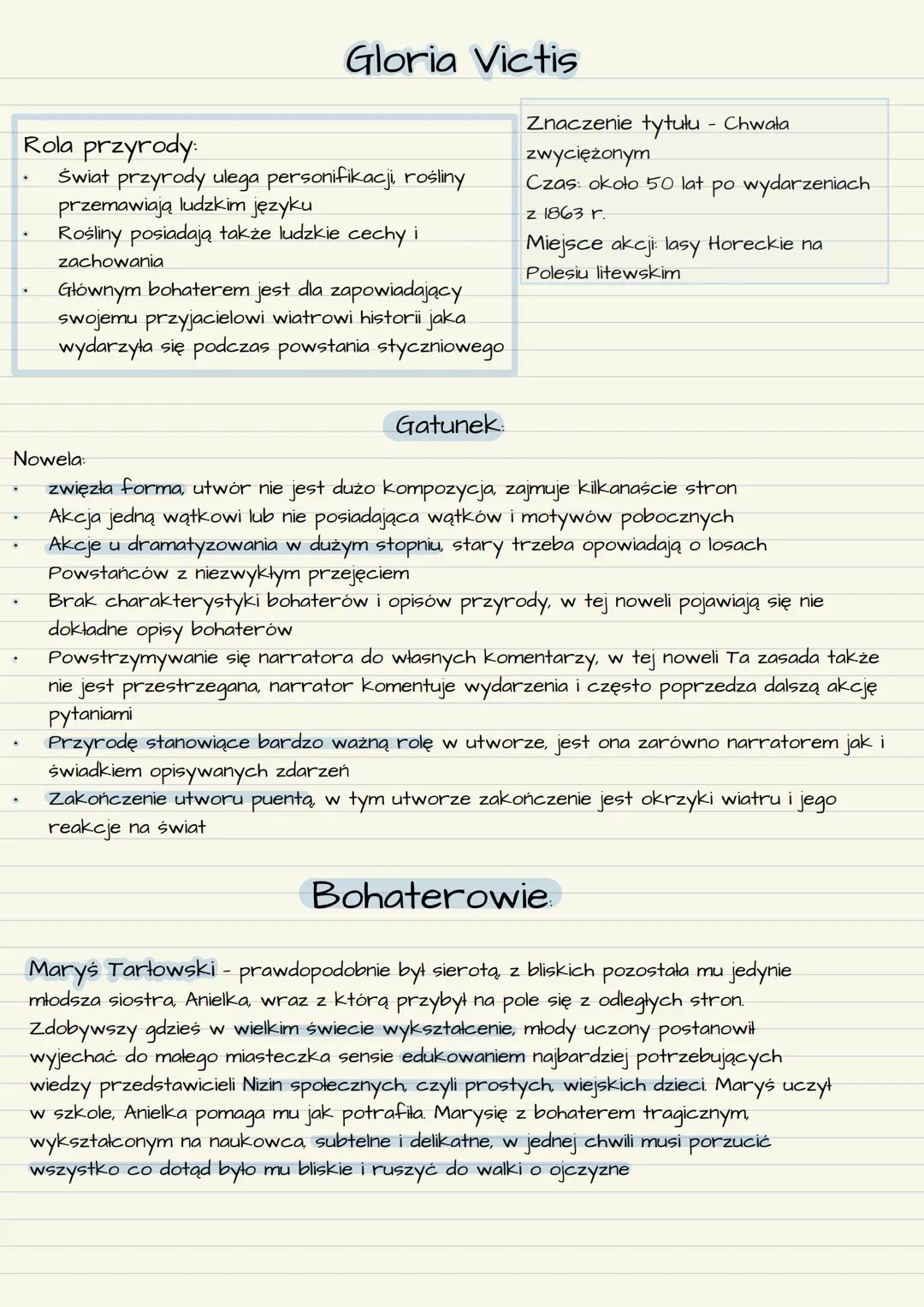 Rola przyrody
Gloria Victis
Świat przyrody ulega personifikacji, rośliny
przemawiają ludzkim języku
Rośliny posiadają także ludzkie cechy i