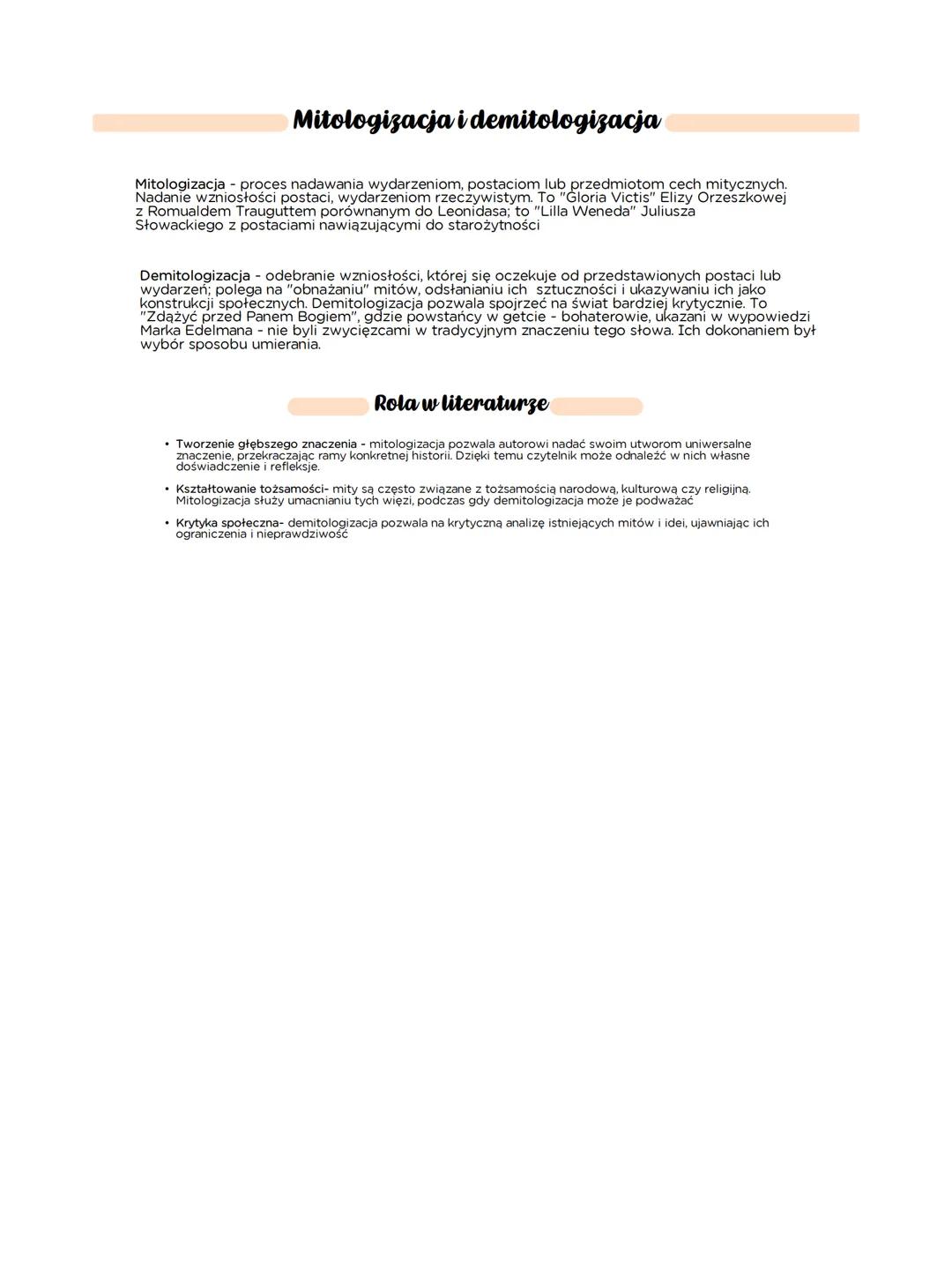 # Mitologizacja i demitologizacja
Mitologizacja - proces nadawania wydarzeniom, postaciom lub przedmiotom cech mitycznych. Nadanie wzniosło