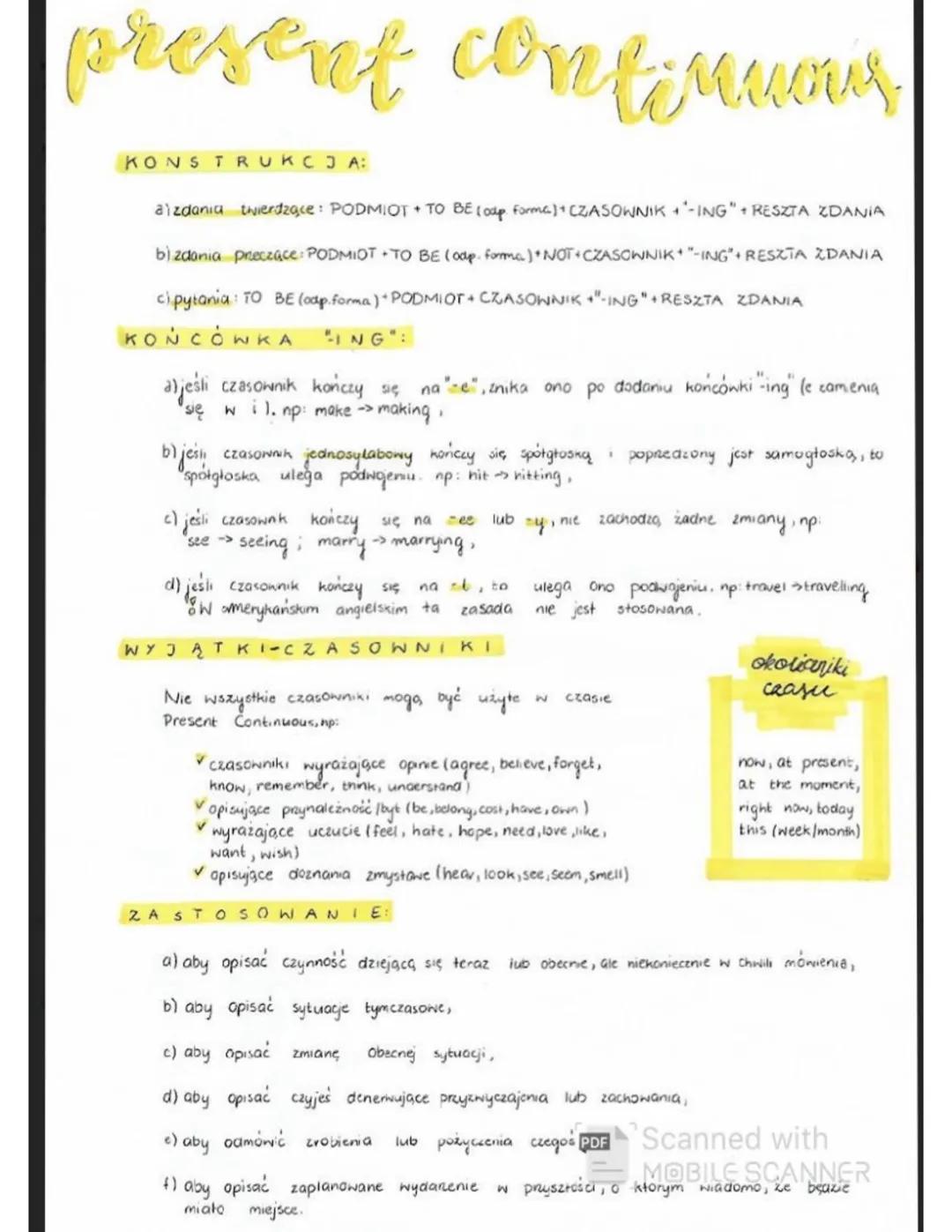 present continuais
KONSTRUKCJA:
aizdania twierdzące: PODMIOT TO BE (odp. Forma) • CZASOWNIK +-ING" + RESZTA ZDANIA
b) zdania przeczace: PODM