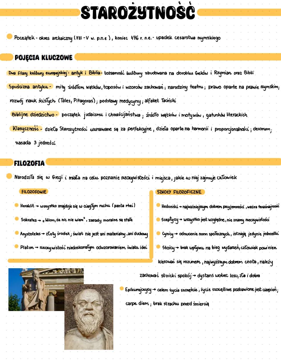 STAROŻYTNOŚĆ
Początek - okres archaiczny (VIII -V w. p.n.e), koniec 476 r. n.e.- upadek cesarstwa rzymskiego
POJĘCIA KLUCZOWE
Dwa filary kul