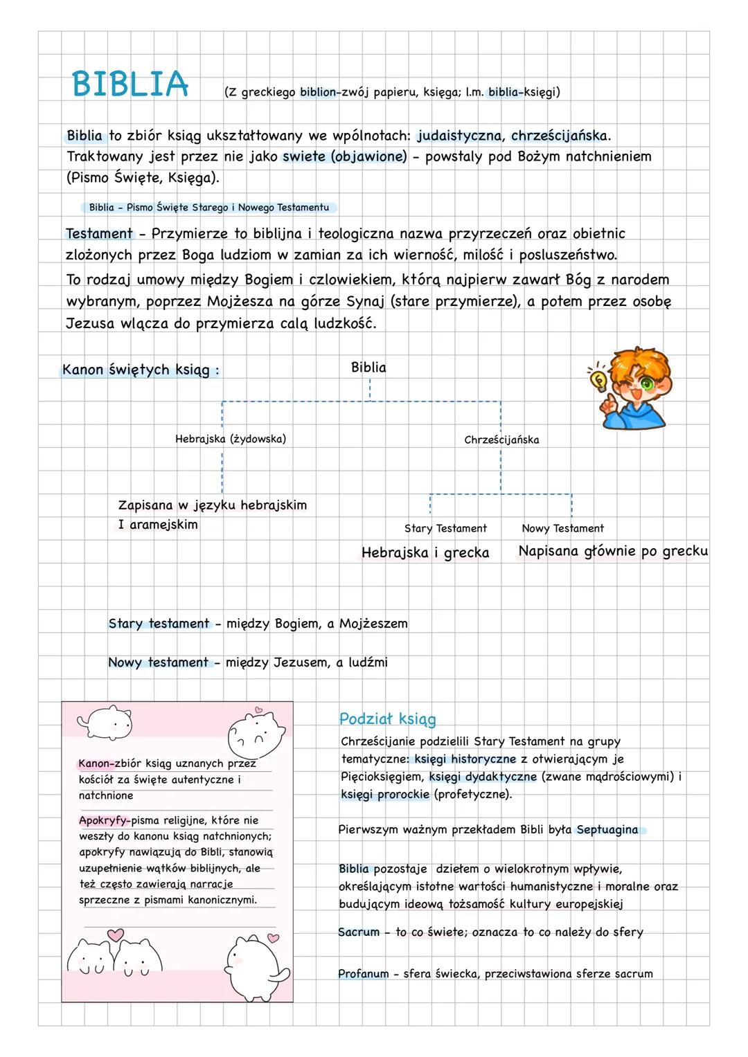 BIBLIA
(Z greckiego biblion-zwój papieru, księga; l.m. biblia-księgi)
Biblia to zbiór ksiąg ukształtowany we wpólnotach: judaistyczna, chrze