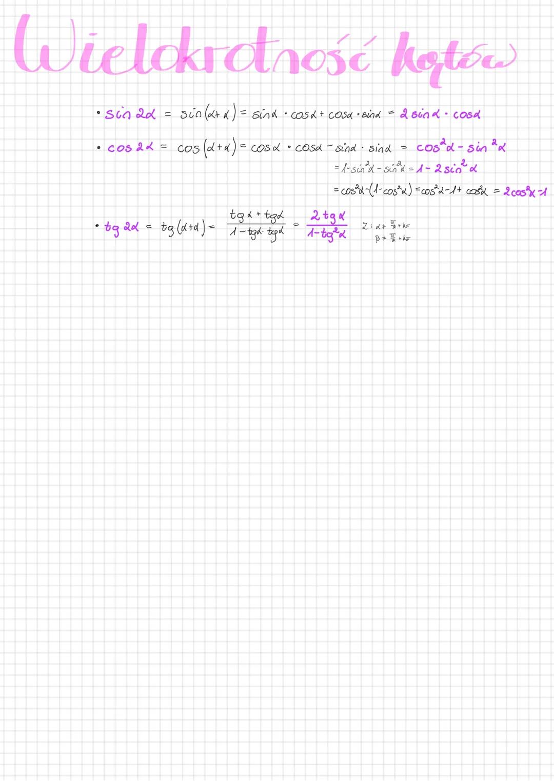 Seny i
Suma kątów
• sin (x+p) = sind.
FO₂nice
• cosp+ sinp⋅ cos d
cosp + sind
• cos (α+ B) = cosα ·
• tg (d+p) = tgα++gp
1-tgα-tgp
Różnice k