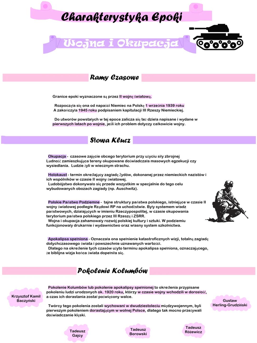 # Charakterystyka Epoki
# Wojna i Okupacja
## Ramy Czasowe
Granice epoki wyznaczone są przez II wojnę światową.
Rozpoczęła się ona od na