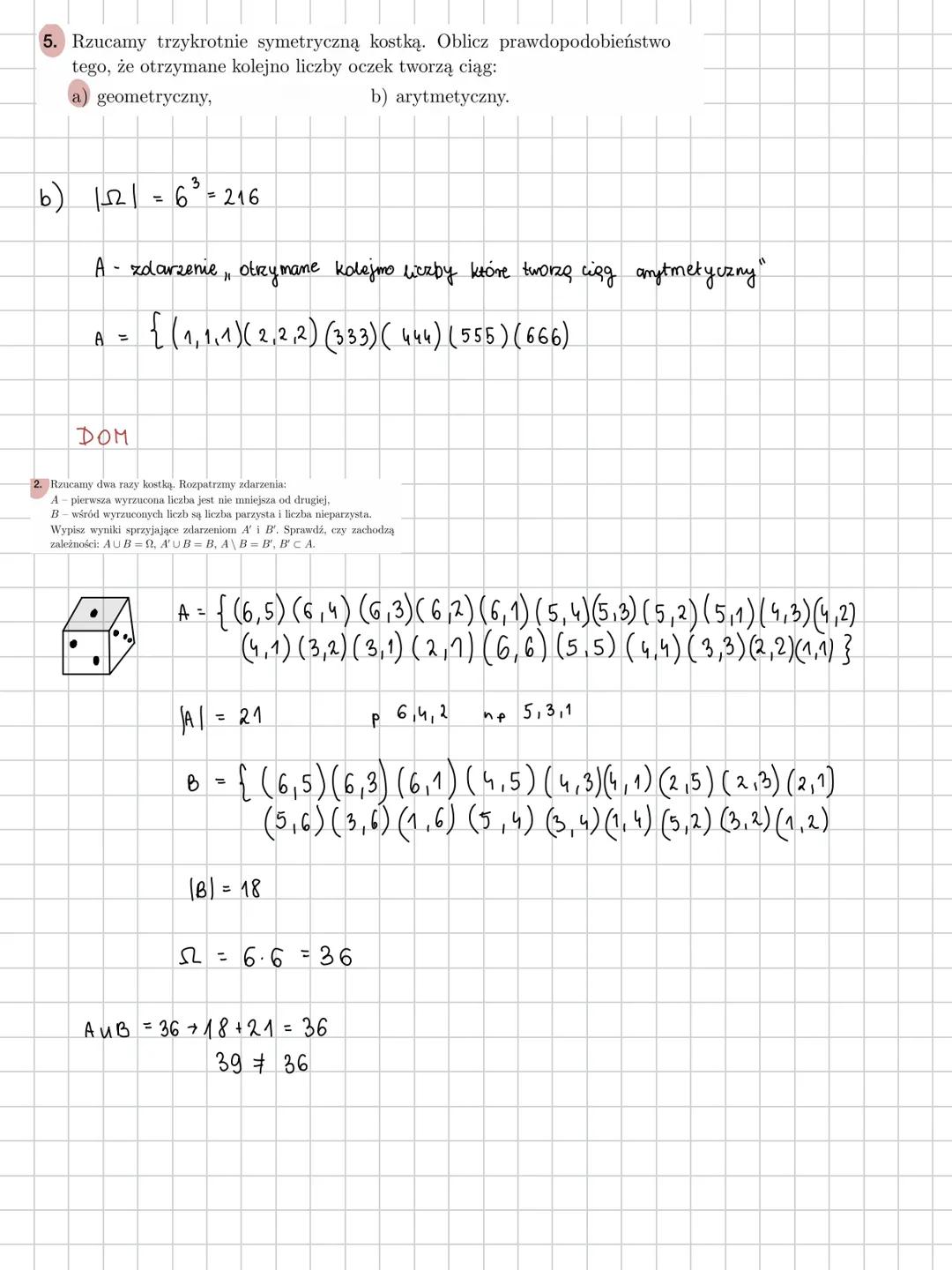 5
1.7. Prawdopodobieństwo klasyczne
Ćwiczenie 1/32
Rzucamy dwukrotnie symetryczną kostką. Oblicz prawdopodobieństwo otrzy-
mania:
a) sumy oc