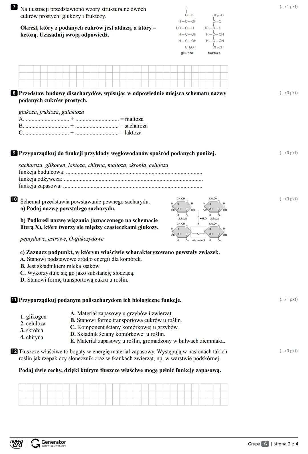 Grupa A Klasa
Imię i nazwisko
Sprawdzian Chemiczne Podstawy Życia 25.09.2020r.
1 Przyporządkuj podanym nazwom mikroelementów (1-4) odpowie