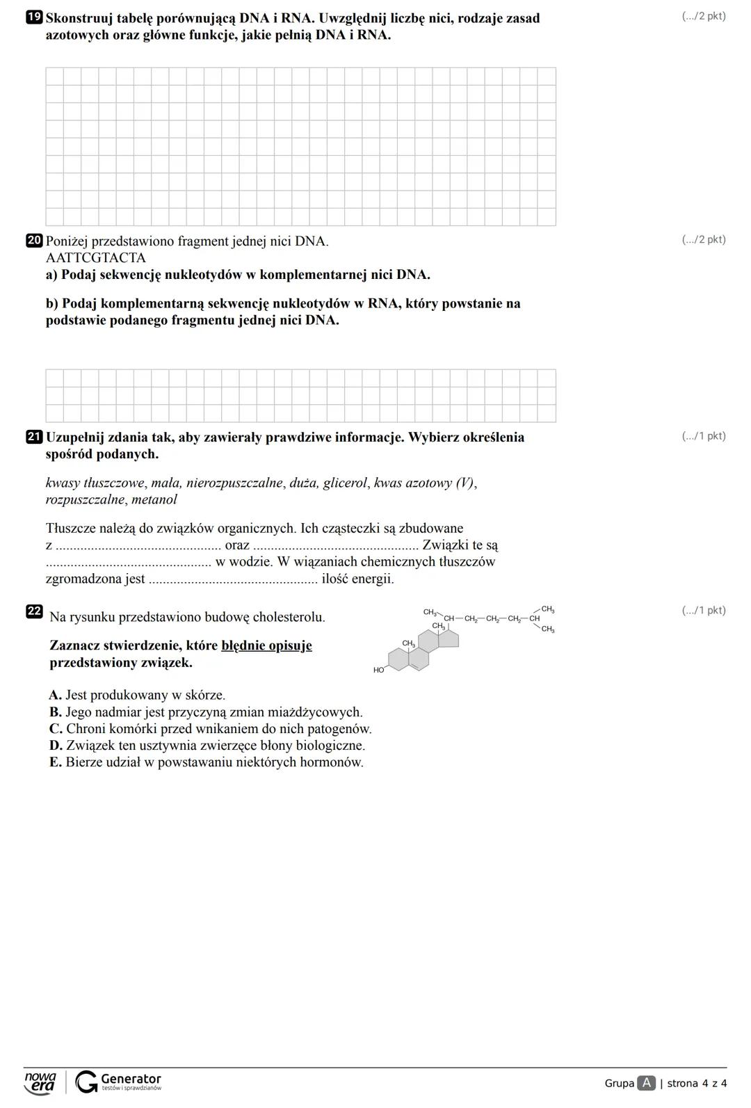 Grupa A Klasa
Imię i nazwisko
Sprawdzian Chemiczne Podstawy Życia 25.09.2020r.
1 Przyporządkuj podanym nazwom mikroelementów (1-4) odpowie