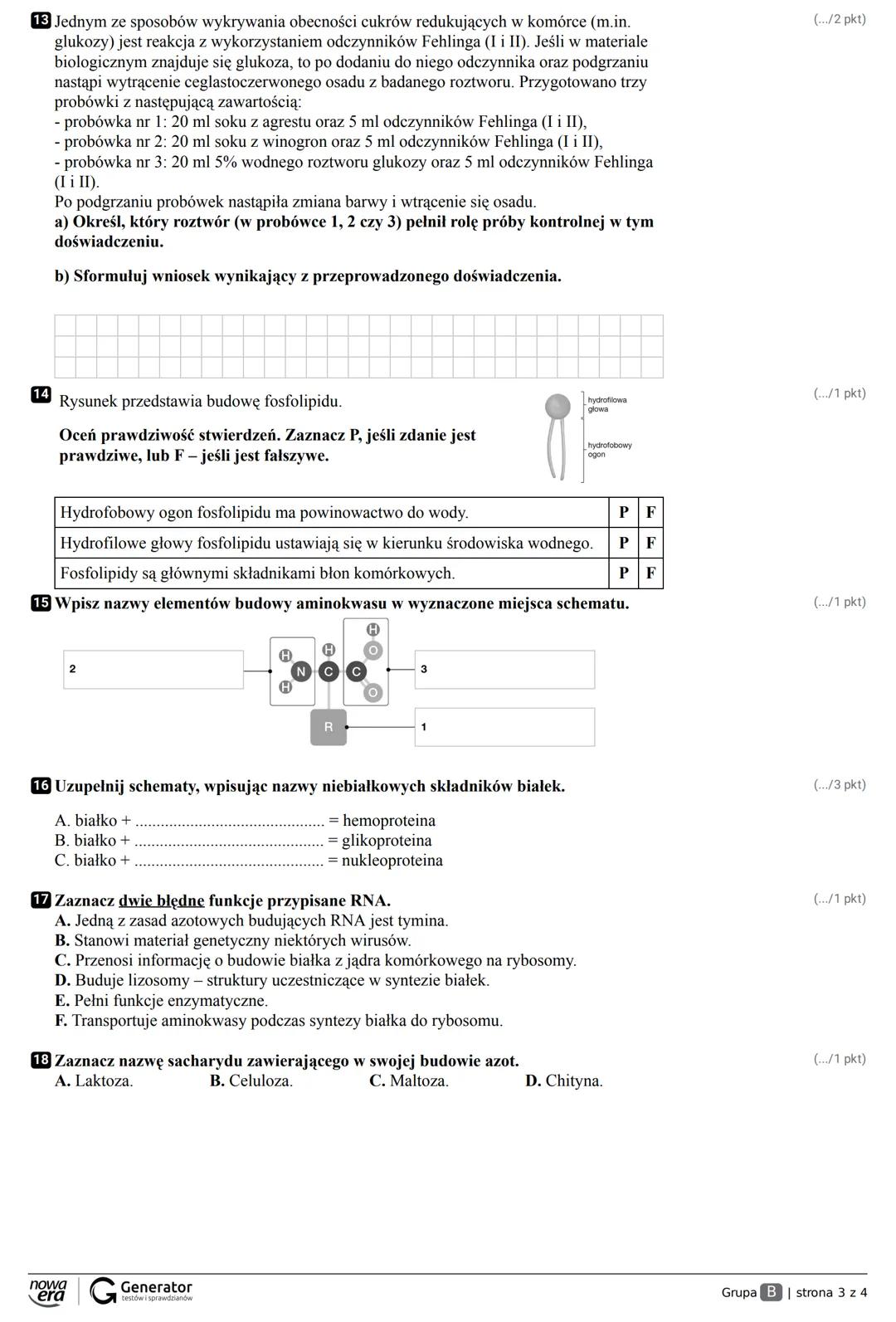 Grupa A Klasa
Imię i nazwisko
Sprawdzian Chemiczne Podstawy Życia 25.09.2020r.
1 Przyporządkuj podanym nazwom mikroelementów (1-4) odpowie