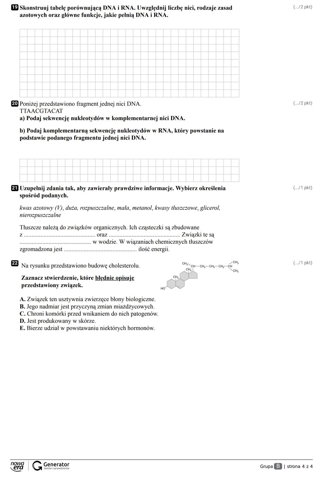 Grupa A Klasa
Imię i nazwisko
Sprawdzian Chemiczne Podstawy Życia 25.09.2020r.
1 Przyporządkuj podanym nazwom mikroelementów (1-4) odpowie
