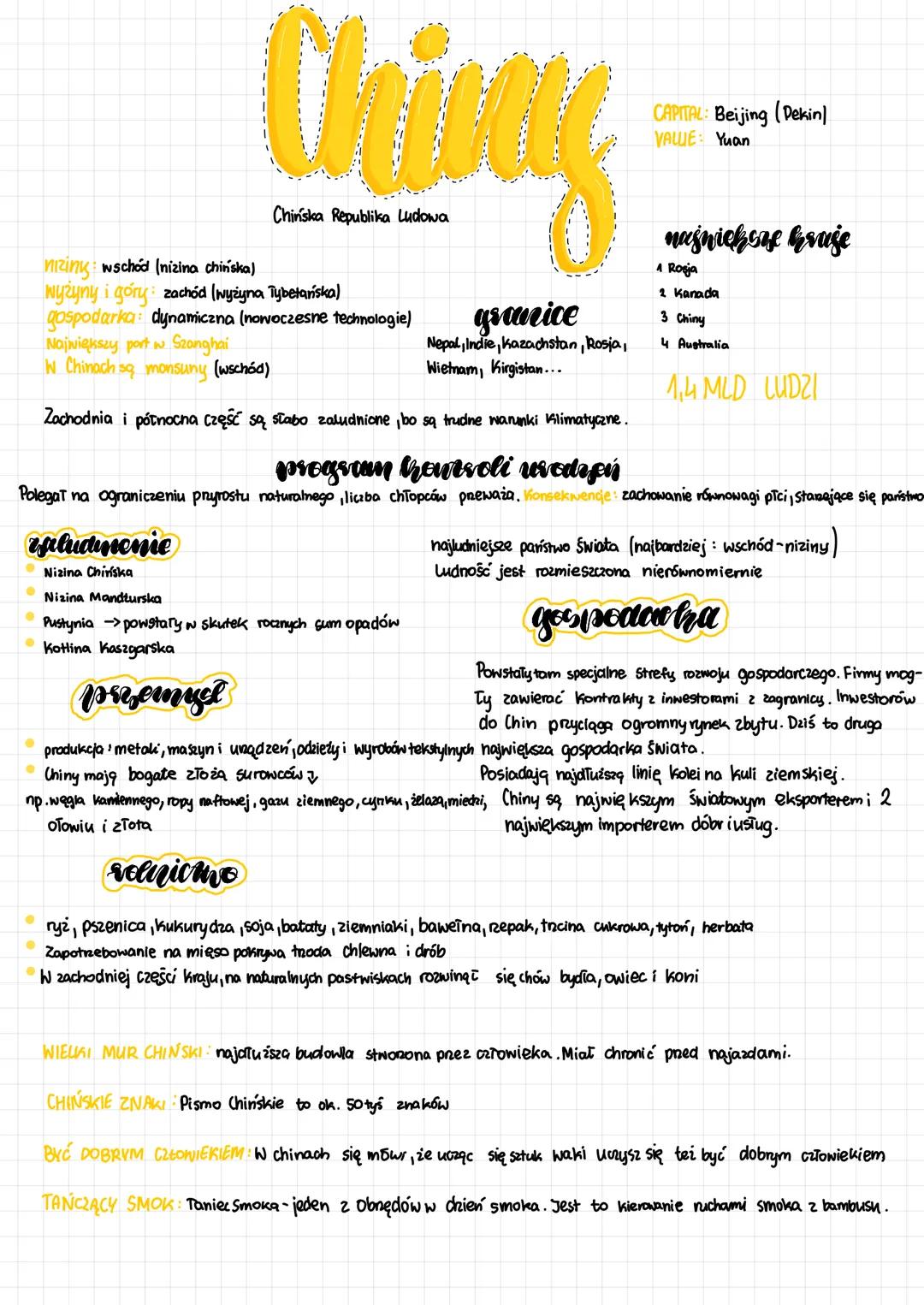 # Ching
Chińska Republika Ludowa
nizing: wschód (nizina chińska)
Nyżyny i góry zachód (wyżyna Tybetańska)
gospodarka dynamiczna (nowoczesn