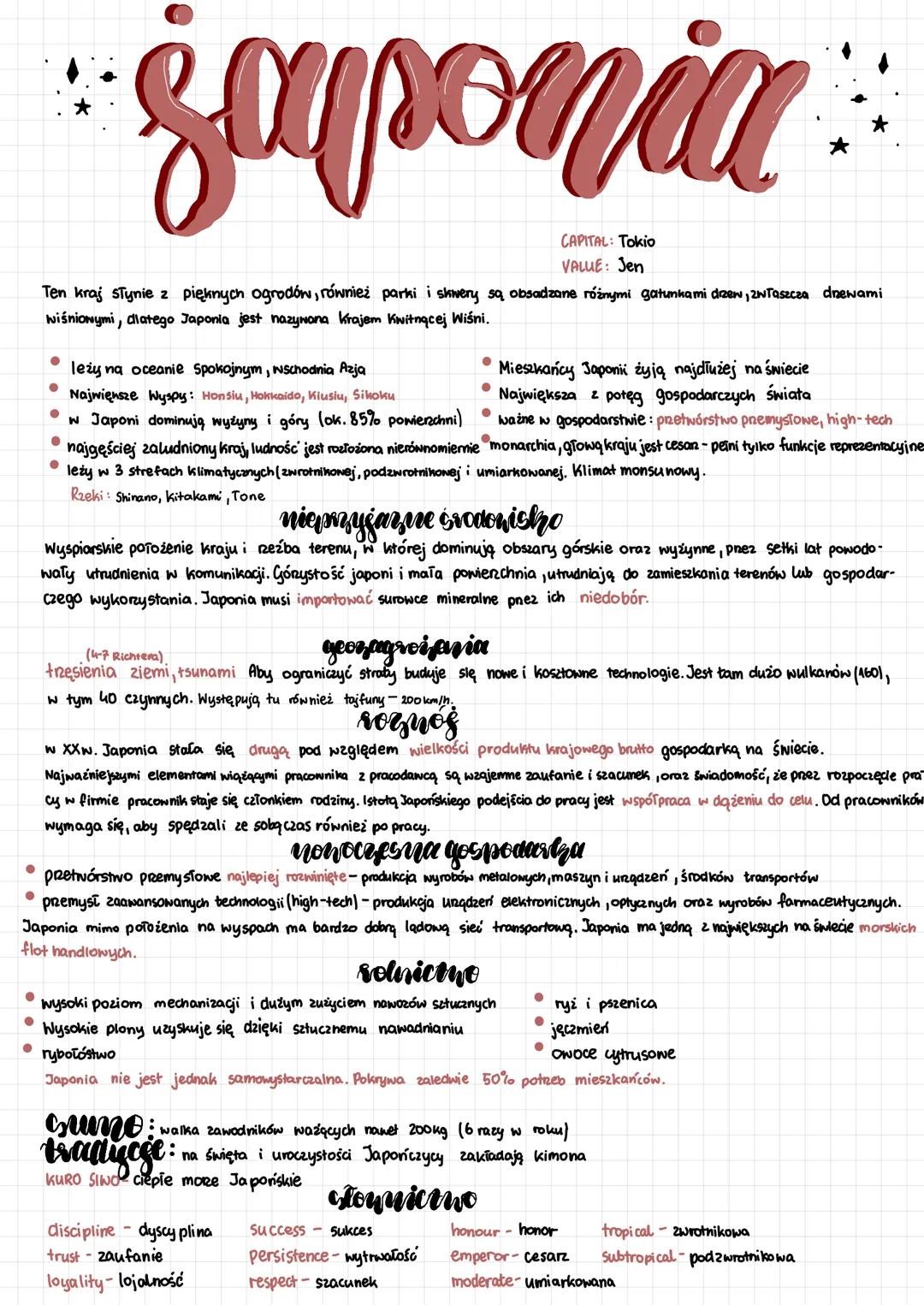 japonia
CAPITAL: Tokio
VALUE: Jen
Ten kraj słynie z pięknych ogrodów, również parki i skwery są obsadzane różnymi gatunkami drzew, zwłaszcza
