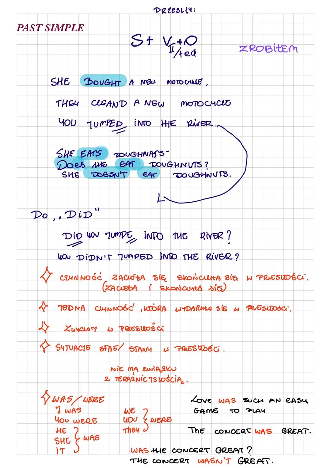 Present and past tenses. # PRESENT SIMPLE
CZASY TERAZNIEMSLE
S + $\checkmark$ +0
PODMIOT + CZASOWNIK + CATA RESITA.
I TRAVEL A LOT.
REG