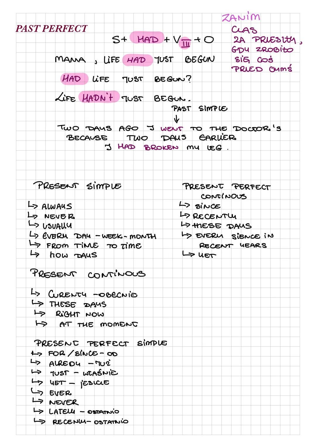 Present and past tenses. # PRESENT SIMPLE
CZASY TERAZNIEMSLE
S + $\checkmark$ +0
PODMIOT + CZASOWNIK + CATA RESITA.
I TRAVEL A LOT.
REG