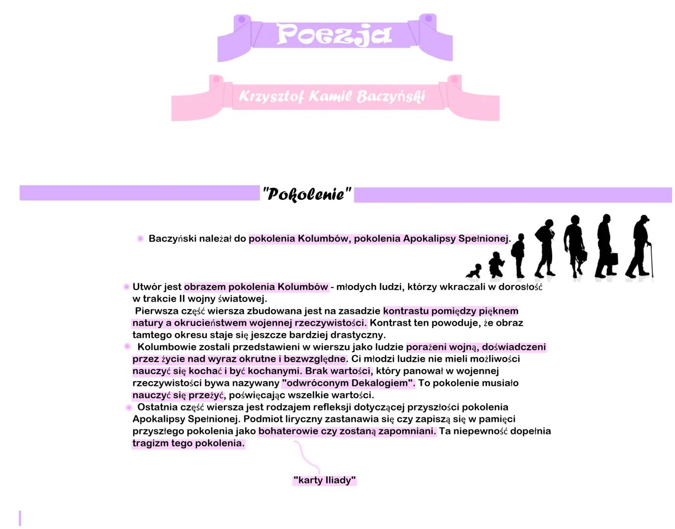 # Poezja
Krzysztof Kamil Baczyński
"Pokolenie"
• Baczyński należał do pokolenia Kolumbów, pokolenia Apokalipsy Spełnionej.
• Utwór jest