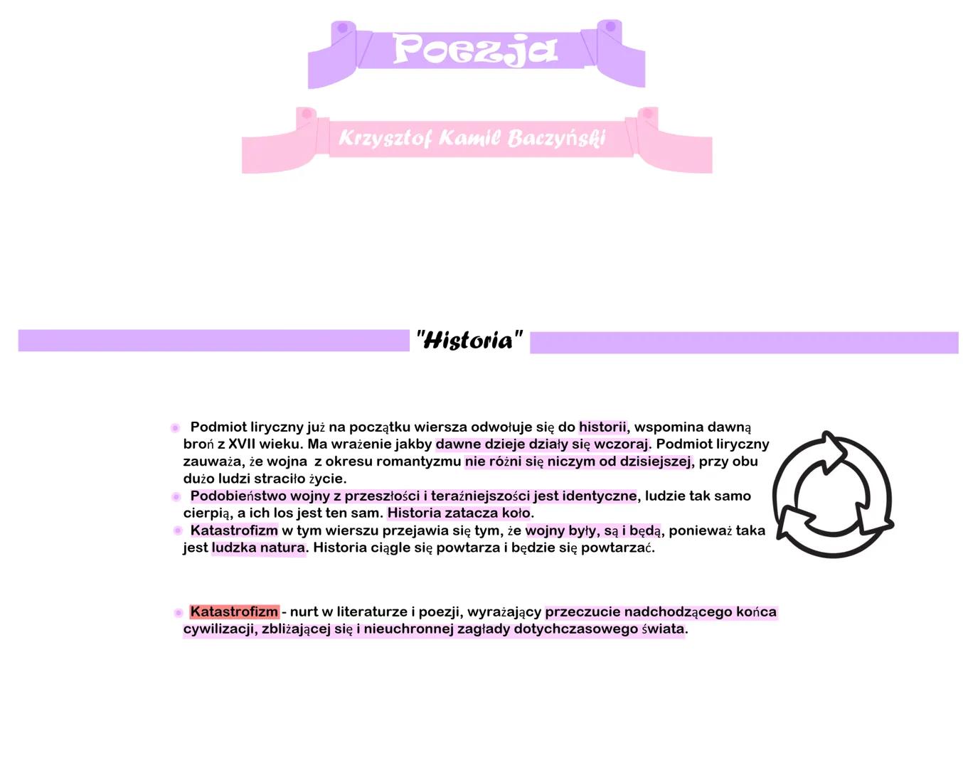 # Poezja
Krzysztof Kamil Baczyński
"Historia"
* Podmiot liryczny już na początku wiersza odwołuje się do historii, wspomina dawną
b