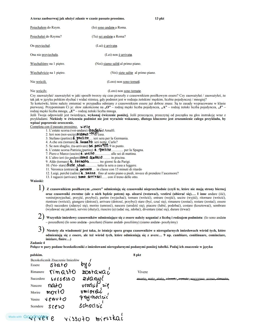 Strona 1 z 3
Imię i nazwisko:
Klasa:
Data:
KARTA PRACY - ZALICZENIE Z PASSATO PROSSIMO część 1
Z tej części możesz uzyskać maksymalnie 62 p