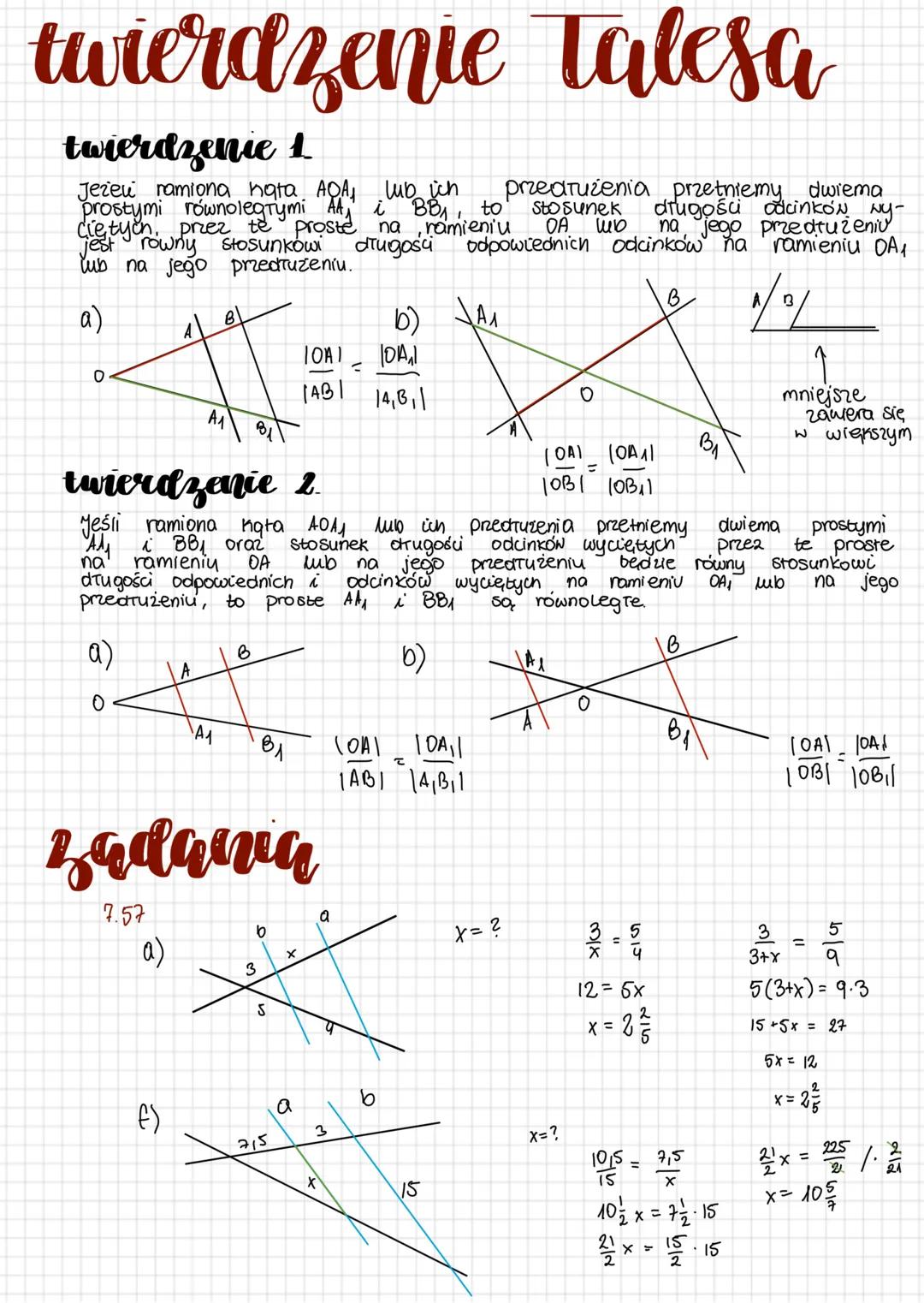 twierdzenie Talesa
twierdzenie 1
przedrużenia przetniemy dwiema
шь
Jezeu ramiona hata AQA, lub ich
prostymi równolegTymi AA, i BB₁, to Stosu
