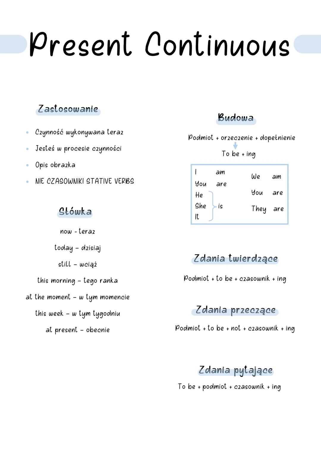 # Present Continuous
## Zastosowanie
- Czynność wykonywana teraz
- Jesteś w procesie czynności
- Opis obrazka
- NIE CZASOWNIKI STATIVE VER