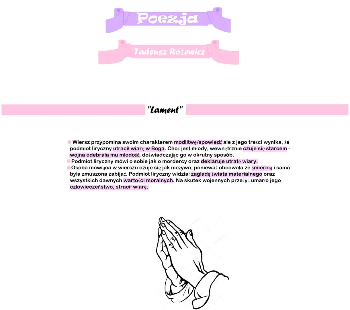 # Poezja
Tadeusz Różewicz
"Lament"
• Wiersz przypomina swoim charakterem modlitwę/spowiedź ale z jego treści wynika, że
podmiot liryczny