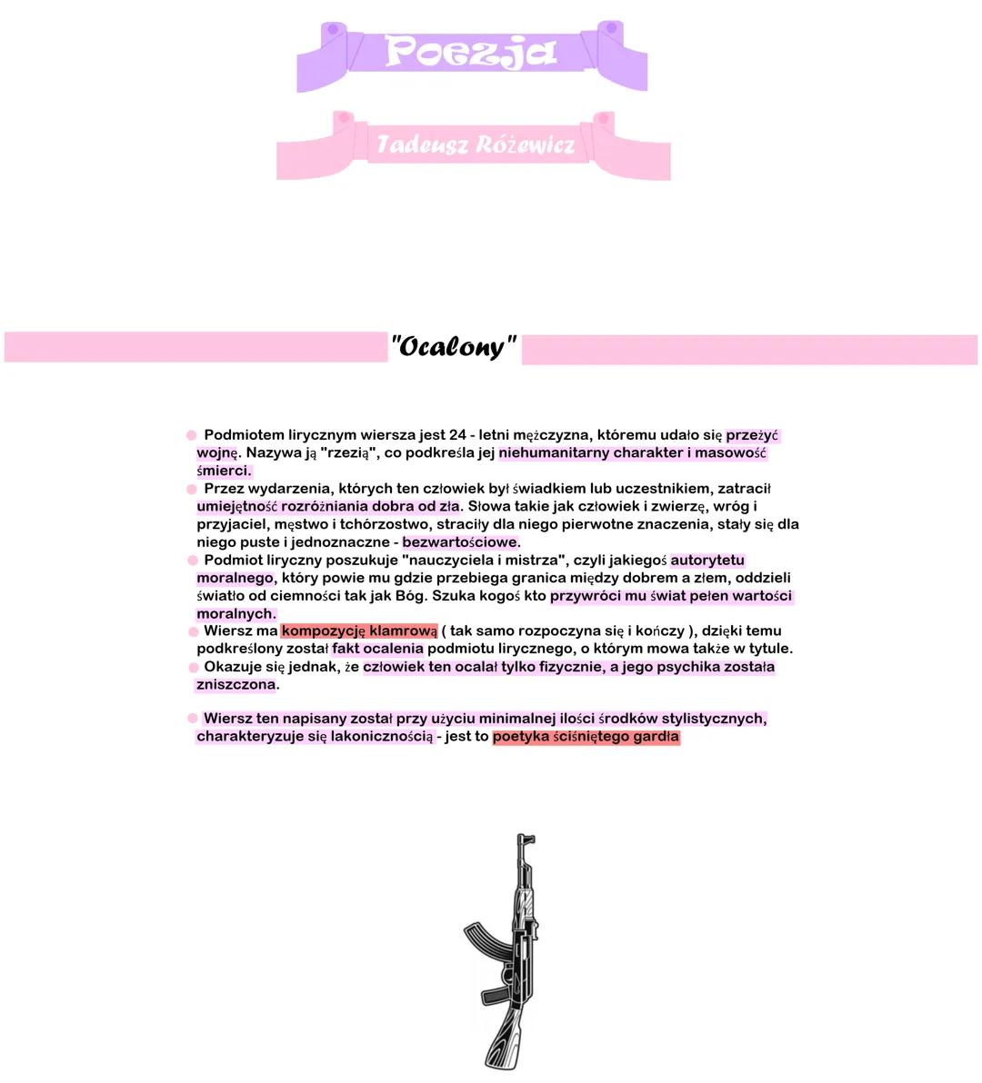 # Poezja
## Tadeusz Różewicz
"Ocalony"
* Podmiotem lirycznym wiersza jest 24 - letni mężczyzna, któremu udało się przeżyć
wojnę. Nazywa