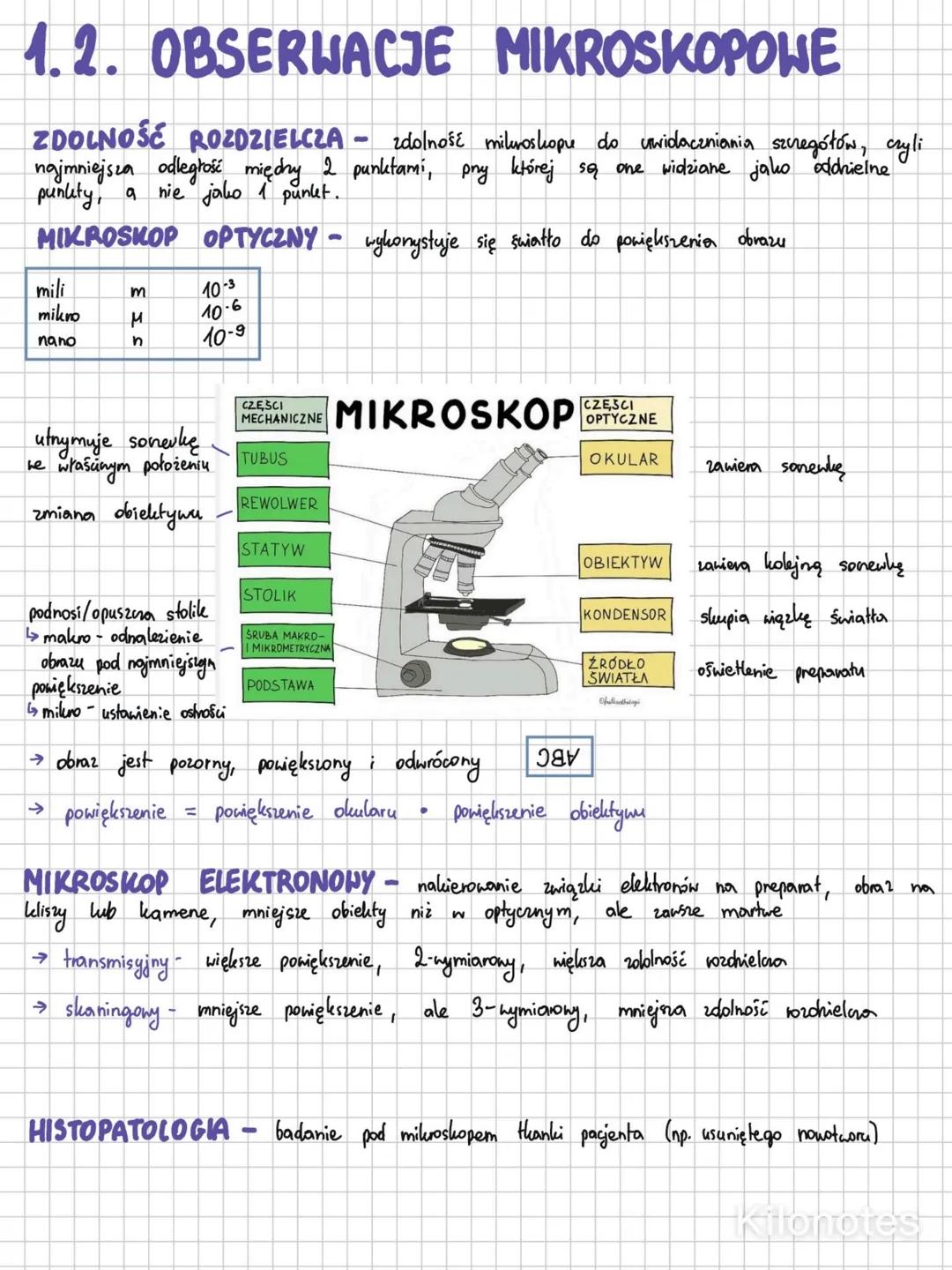 # 1.2. OBSERWACJE MIKROSKOPOWE
ZDOLNOŚĆ ROZDZIELCZA - zdolność milurosliope do uwidaczniania szczegółów, czyli
najmniejsza odległość międhy