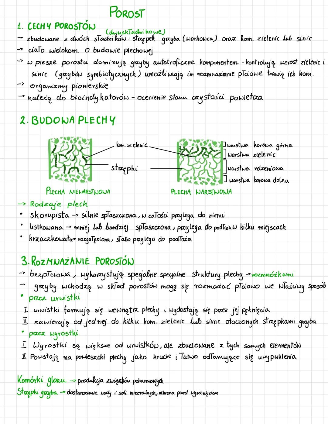 # POROST
1. CECHY POROSTÓW (dwuskTacmi kowe)
-> zbudowane z dwóch słacmi ków: strzępek grzyba (workowca) orouz kom. zielenic lub sinic
-> c