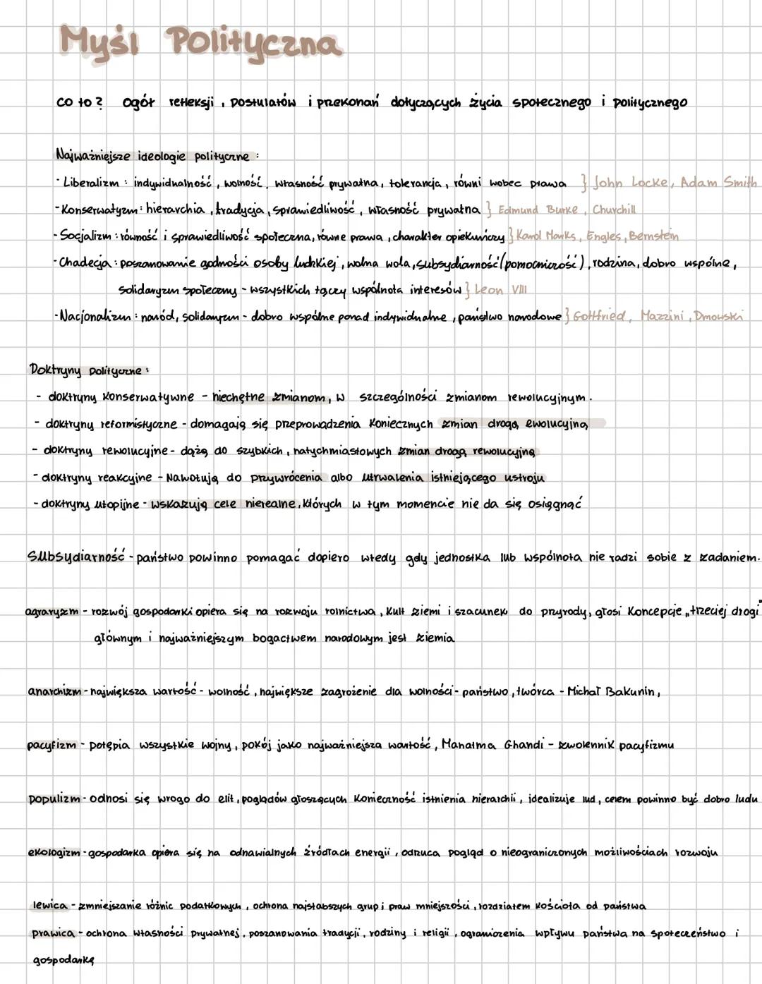 # Myśı Polityczna
co to? ogół reteksji, Dostulatów i prekonań dotyczących życia społecznego i politycznego
Najważniejsze ideologie polityc