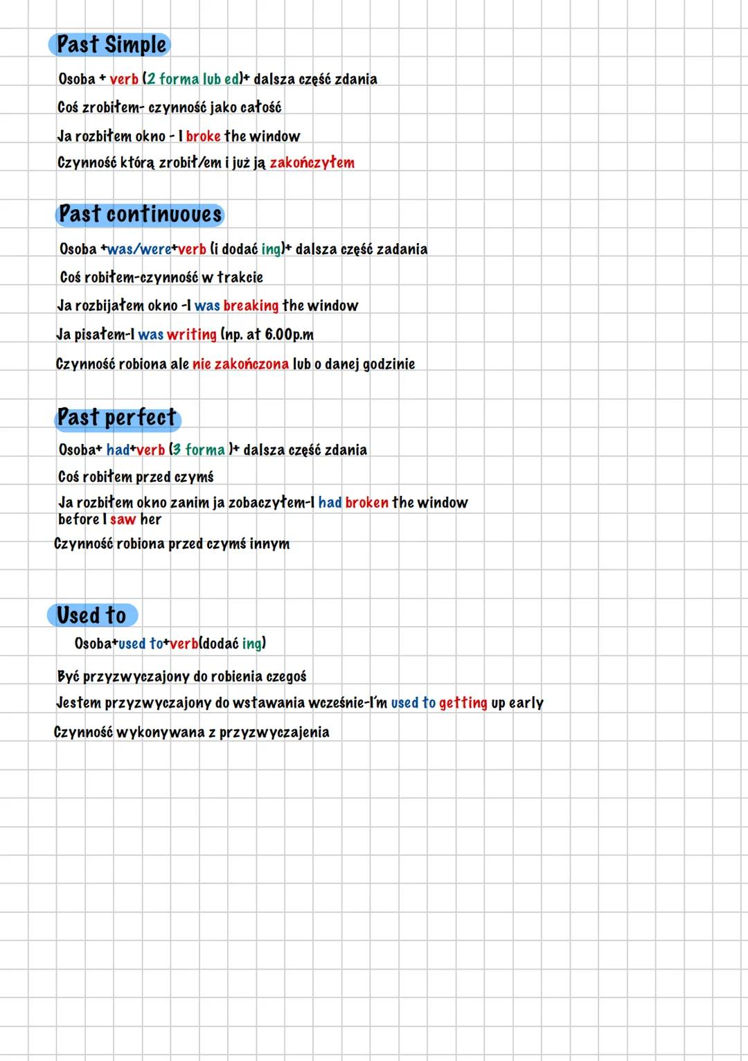 # Past Simple
Osoba + verb (2 forma lub ed)+ dalsza część zdania
Coś zrobiłem- czynność jako całość
Ja rozbiłem okno - I broke the window
Cz