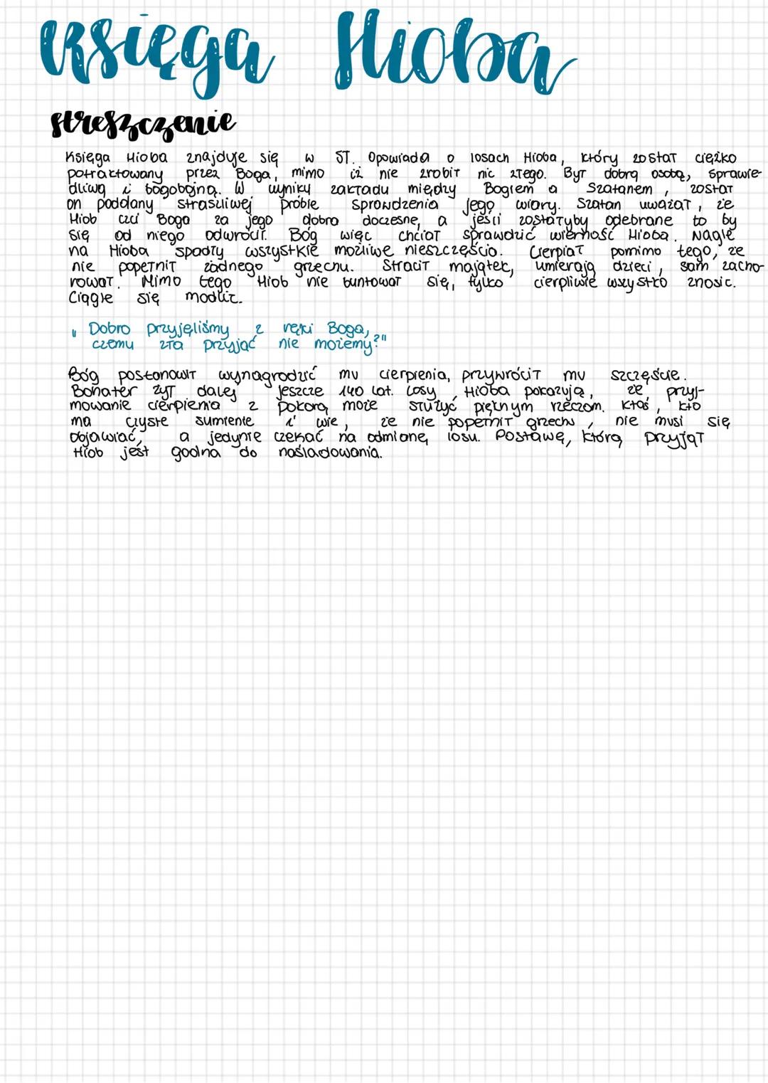 ersięga Hioba
streszczenie
Księga Hioba znajduje się W ST. Opowiada o losach Hioba, który 20 Stat ciężko
potraktowany przez Boga, mimo. i2 n