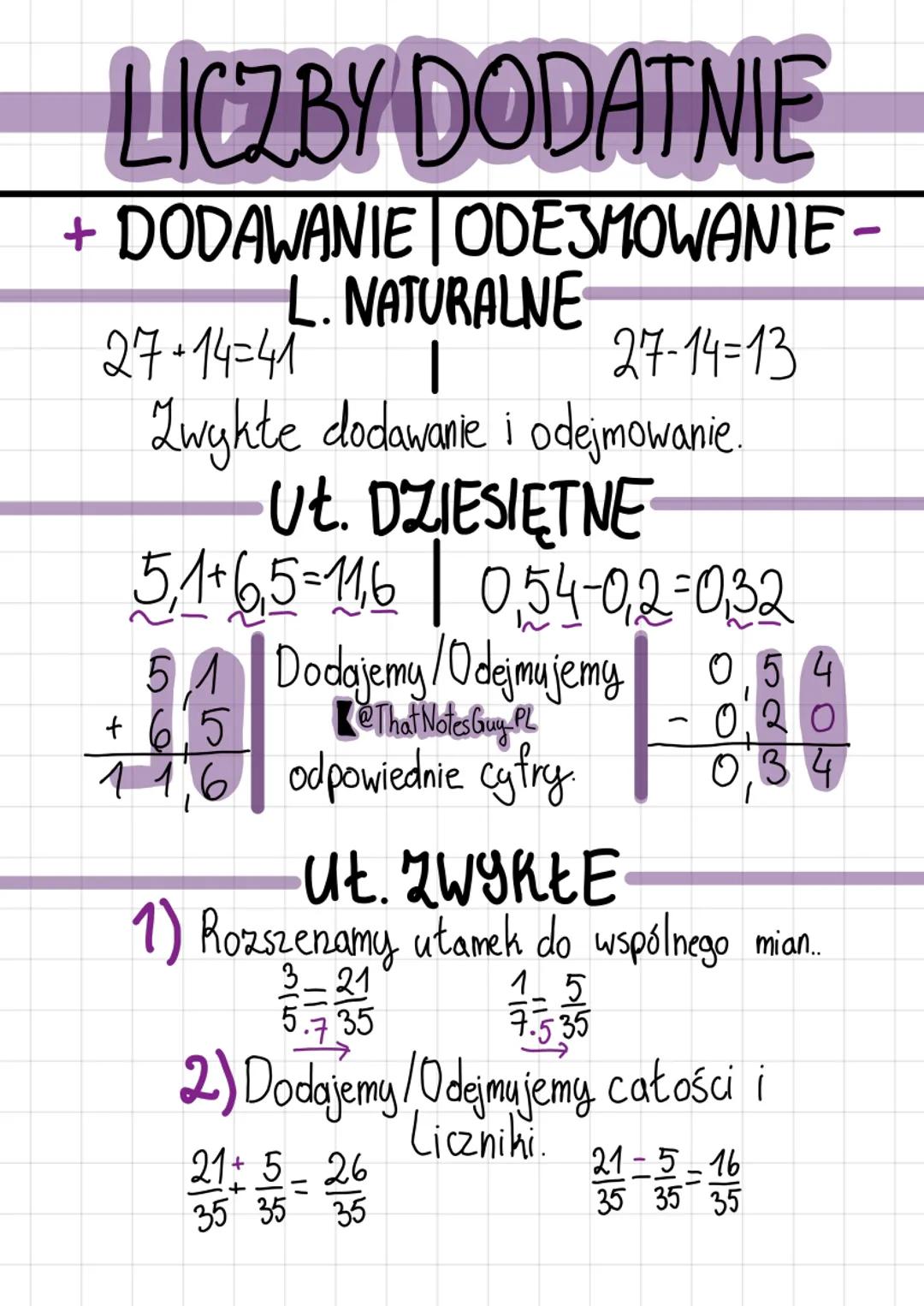 LICZBY DODATNIE
+DODAWANIE ODEJMOWANIE -
L. NATURALNE
27-14-41
|
27-14=13
Zwykte dodawanie i odejmowanie.
Ut. DZIESIĘTNE
5,1 + 6,5 = 11,6 |