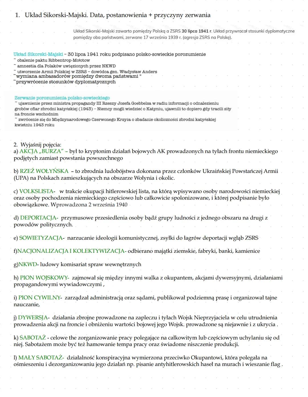 # 1. Układ Sikorski-Majski. Data, postanowienia + przyczyny zerwania
Układ Sikorski-Majski zawarto pomiędzy Polską a ZSRS 30 lipca 1941 r.
