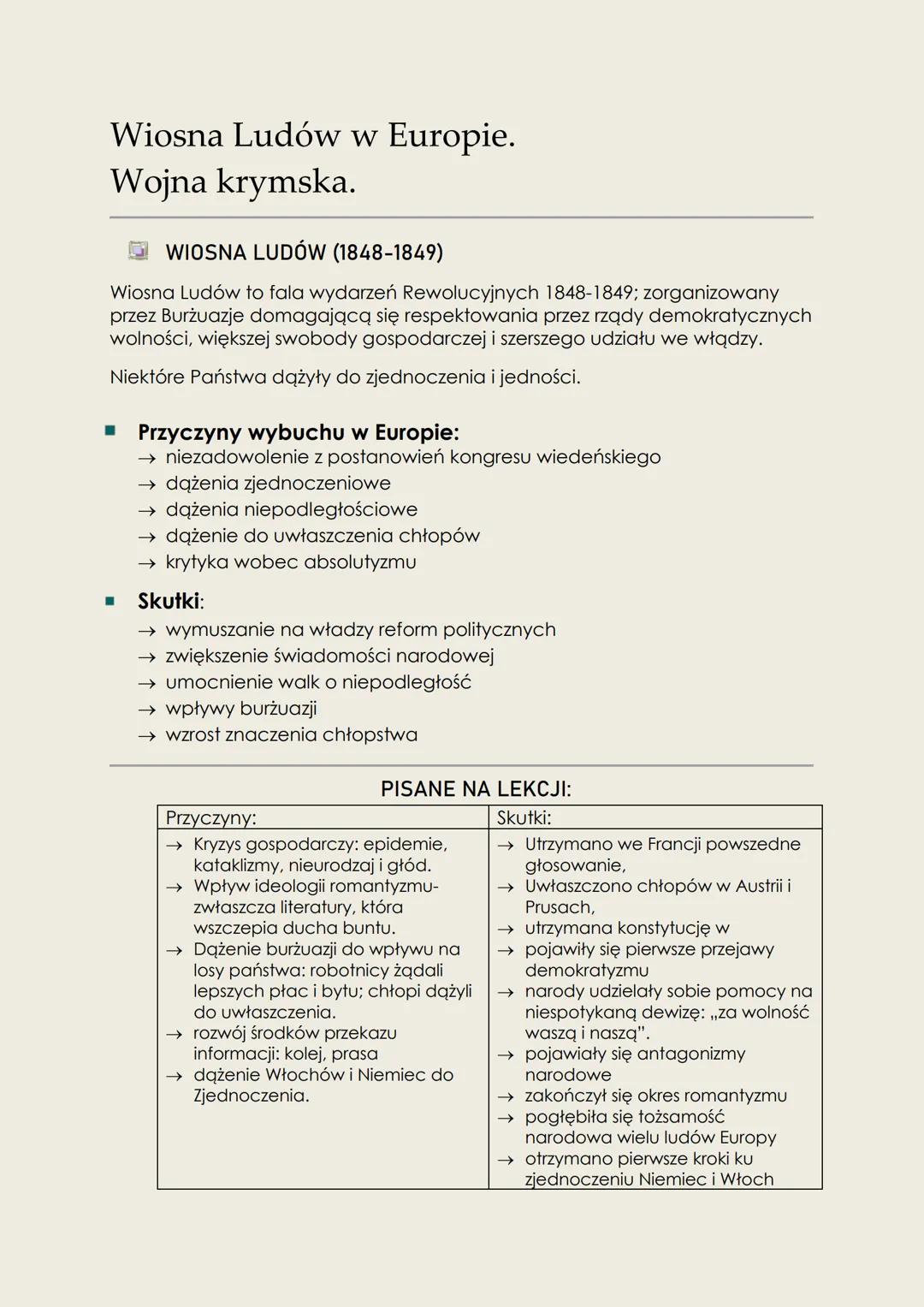 # Wiosna Ludów w Europie.
Wojna krymska.
WIOSNA LUDÓW (1848-1849)
Wiosna Ludów to fala wydarzeń Rewolucyjnych 1848-1849; zorganizowany
prz