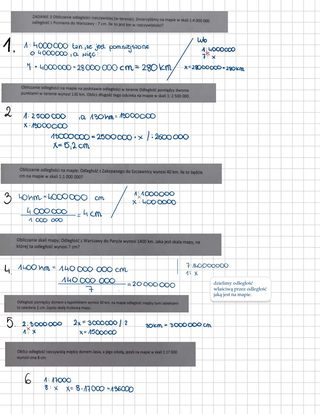 ZADANIE 3 Obliczanie odległości rzeczywistej (w terenie); Zmierzyliśmy na mapie w skali 1:4 000 000
odległość z Poznania do Warszawy -7 cm.