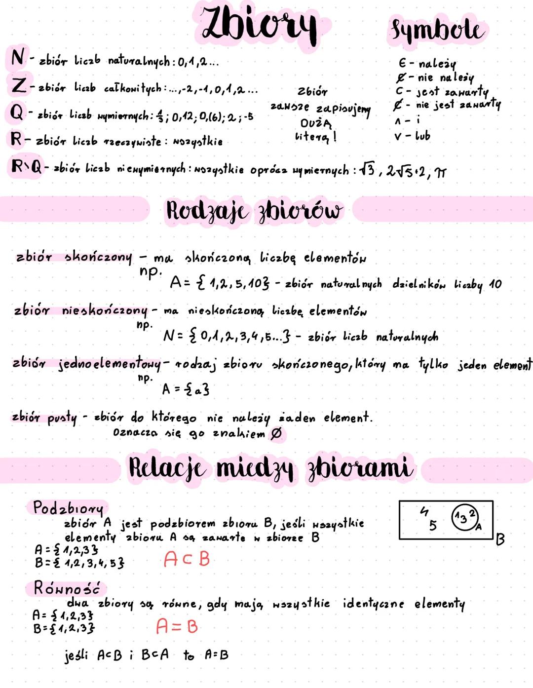 Zbiory
N- zbiór liczb naturalnych : 0,1,2 ...
Symbole
- należy
€ -
- nie należy
Z-zbiór liczb całkowitych: ...,-2, -1,0,1,2...
Zbiór
C-
jest