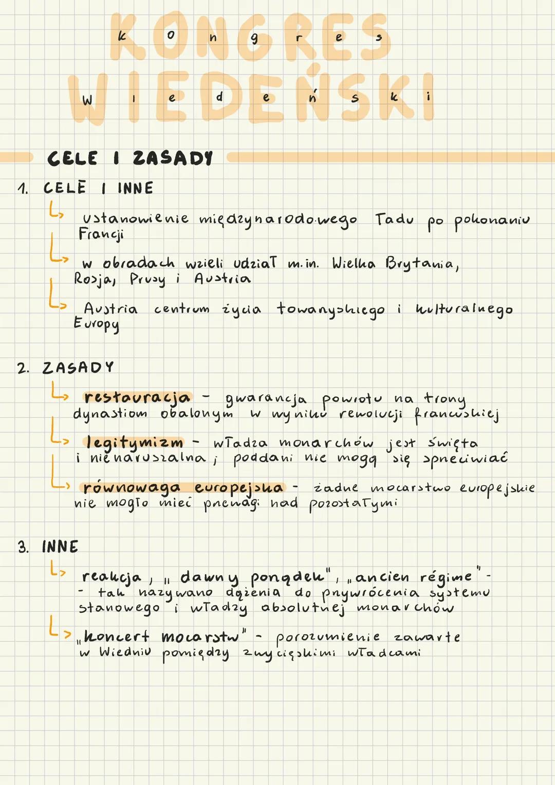 # KONGRES
WIEDEŃSKI
CELE I ZASADY
1. CELE I INNE
ustanowienie międzynarodowego Tadu po pokonaniu
Francji
w obradach wzięli udział m.in.