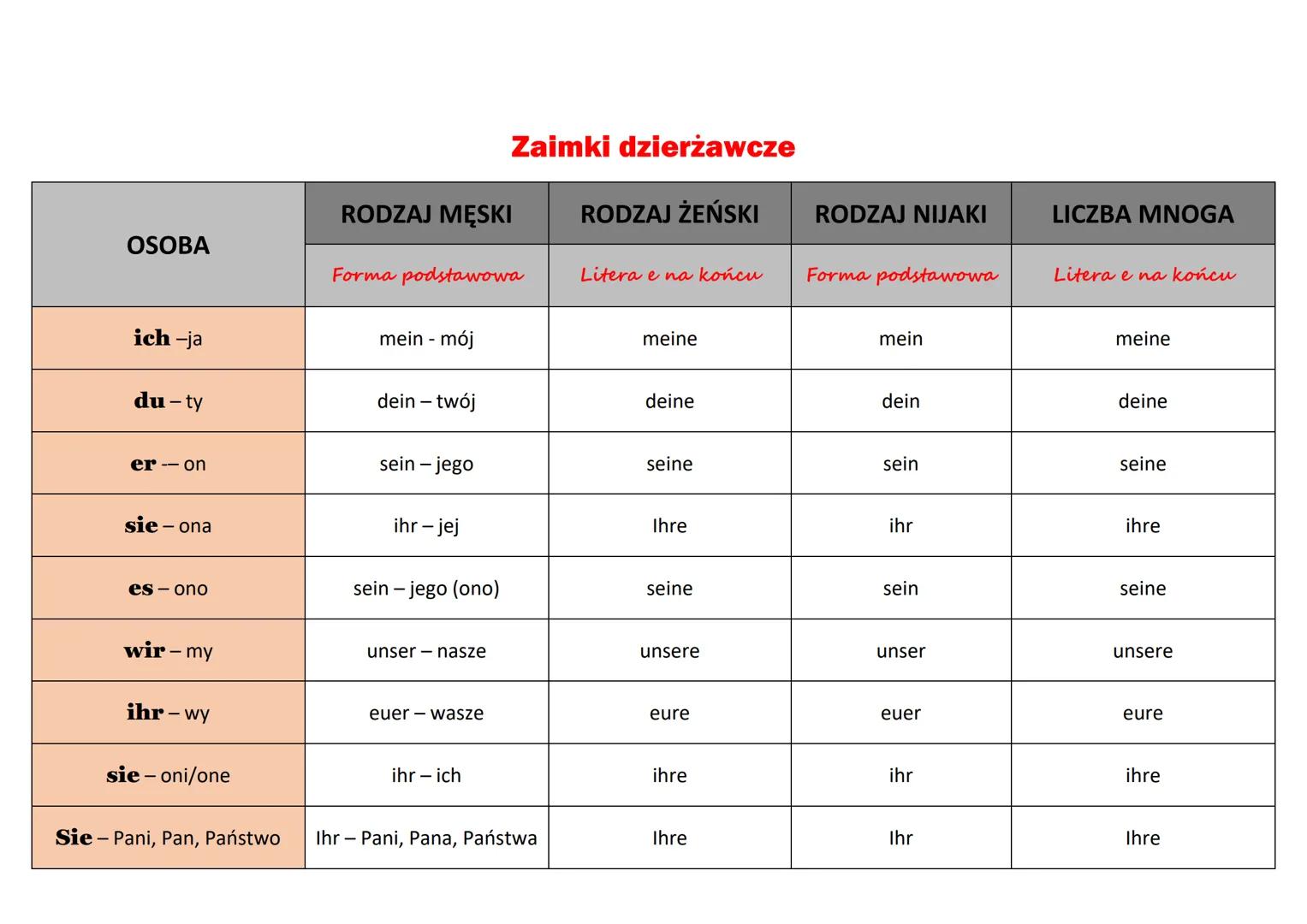 Odmiana zaimka określonego, nieokreślonego i zaimka kein
PRZYPADEK
RODZAJ MĘSKI
RODZAJ ŻEŃSKI RODZAJ NIJAKI
LICZBA MNOGA
maskulinum
femininu