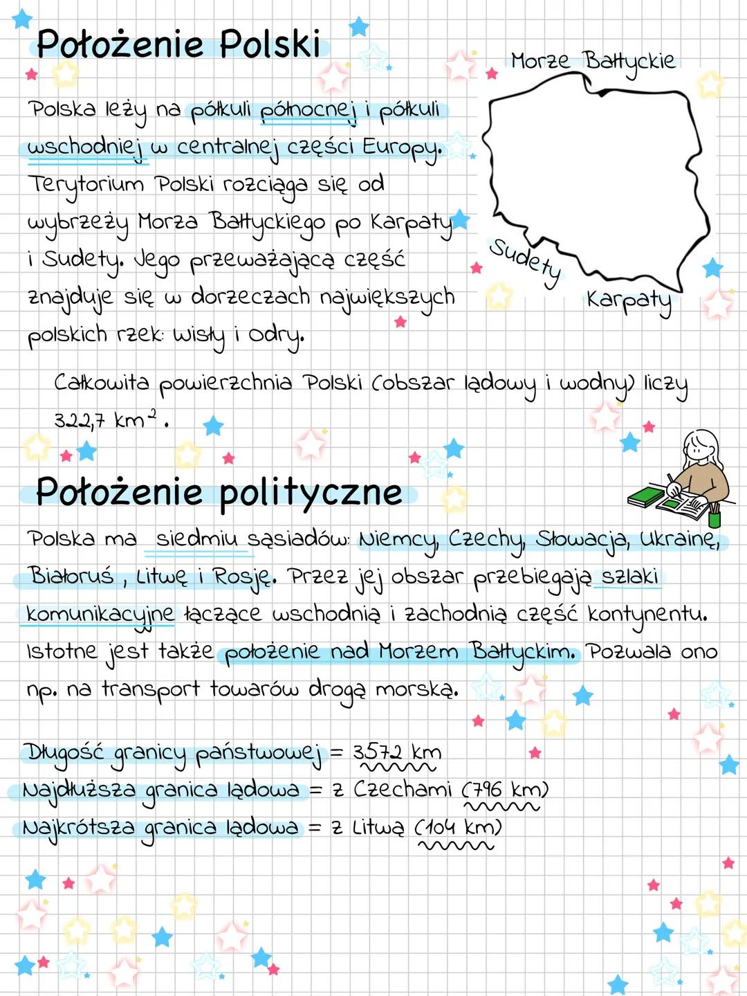 Położenie Polski
Polska leży na półkuli północnej i półkuli
wschodniej w centralnej części Europy.
Terytorium Polski rozciąga się od
wybrzeż