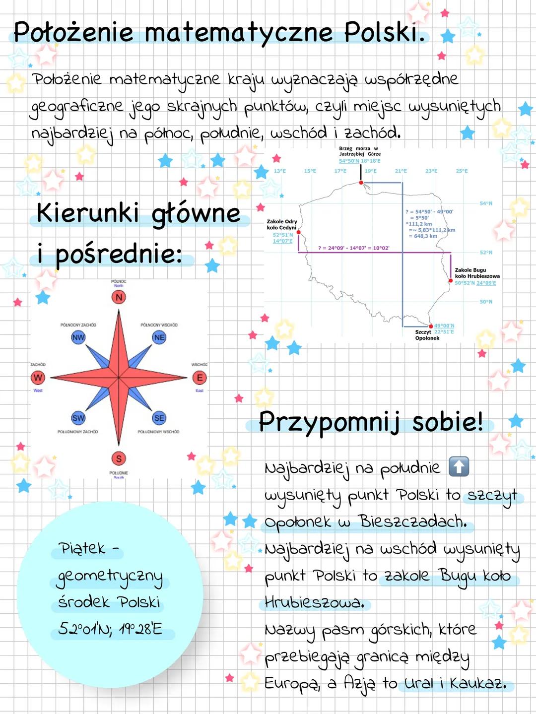 Położenie Polski
Polska leży na półkuli północnej i półkuli
wschodniej w centralnej części Europy.
Terytorium Polski rozciąga się od
wybrzeż