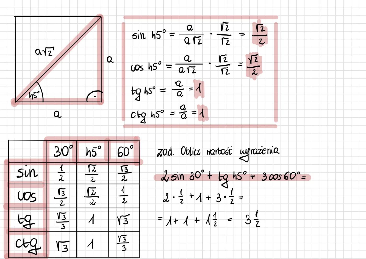 FUNKCJE TRYGONOMETRYCZNE
kąty 30°, 45°, 60°
a
30
60°
a
g|
Sin 30°= 2
a
2√3
=
cos 30° =
2
a
=
712
√3
2
tỷ 30° =
2/5/25/2/20
Ctg 30º = a√3
√3