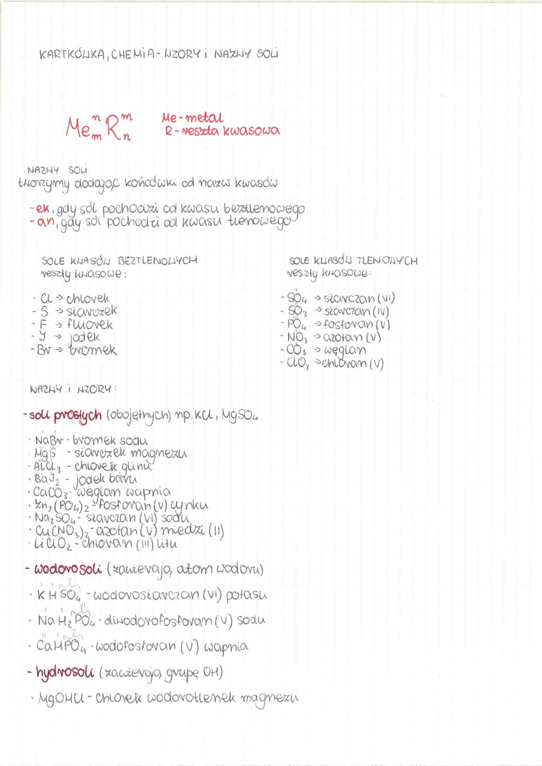 KARTKÓJKA, CHEMIA-WZORY I NAZWY SOLI
$Me_m R_n^m$
NAZNY SOLI
tworzymy dodając końcówki od nazw kwasdw
-ek, gay sól pochocuzi cod kwasu be