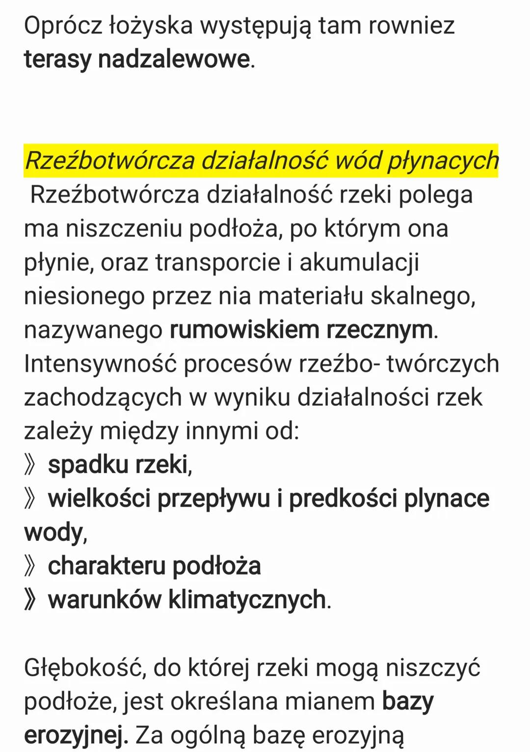# RZEŹBOTWÓRCZA DZIAŁALNOŚĆ RZEK
Budowa doliny rzecznej
W profilu podłużnym rzeki wyróżnia się
trzy odcinki: bieg górny, bieg środkowy i
b
