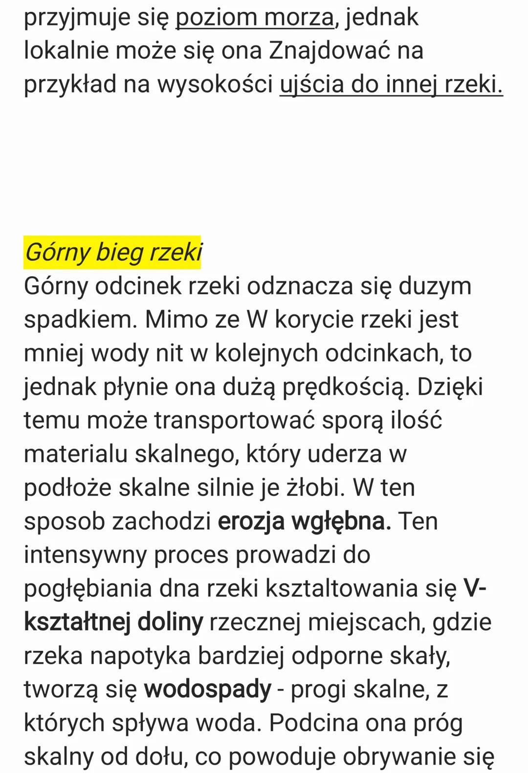 # RZEŹBOTWÓRCZA DZIAŁALNOŚĆ RZEK
Budowa doliny rzecznej
W profilu podłużnym rzeki wyróżnia się
trzy odcinki: bieg górny, bieg środkowy i
b