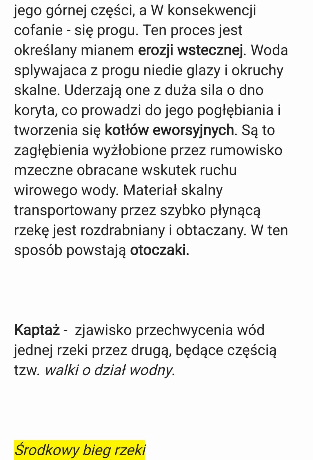 # RZEŹBOTWÓRCZA DZIAŁALNOŚĆ RZEK
Budowa doliny rzecznej
W profilu podłużnym rzeki wyróżnia się
trzy odcinki: bieg górny, bieg środkowy i
b