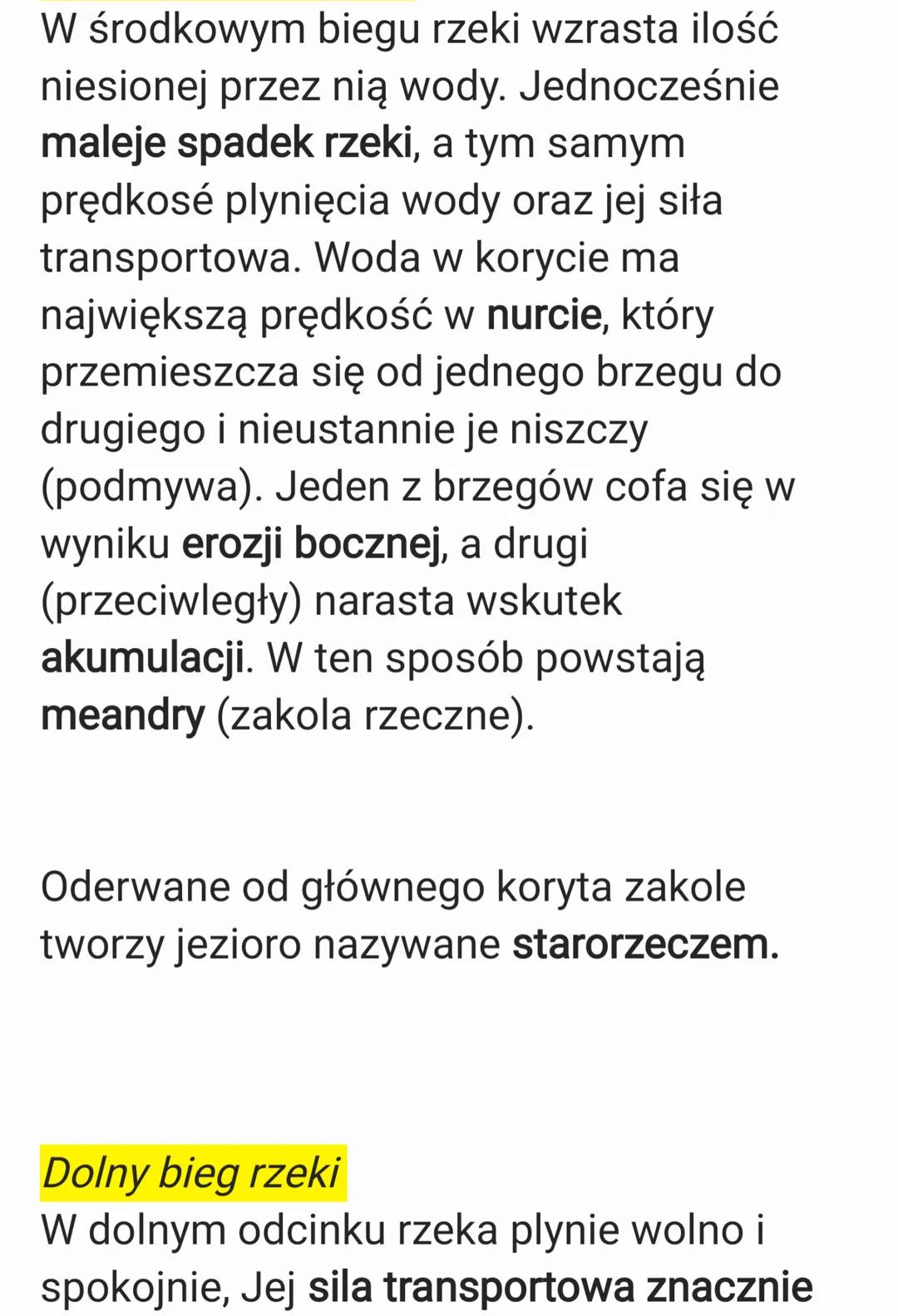 # RZEŹBOTWÓRCZA DZIAŁALNOŚĆ RZEK
Budowa doliny rzecznej
W profilu podłużnym rzeki wyróżnia się
trzy odcinki: bieg górny, bieg środkowy i
b