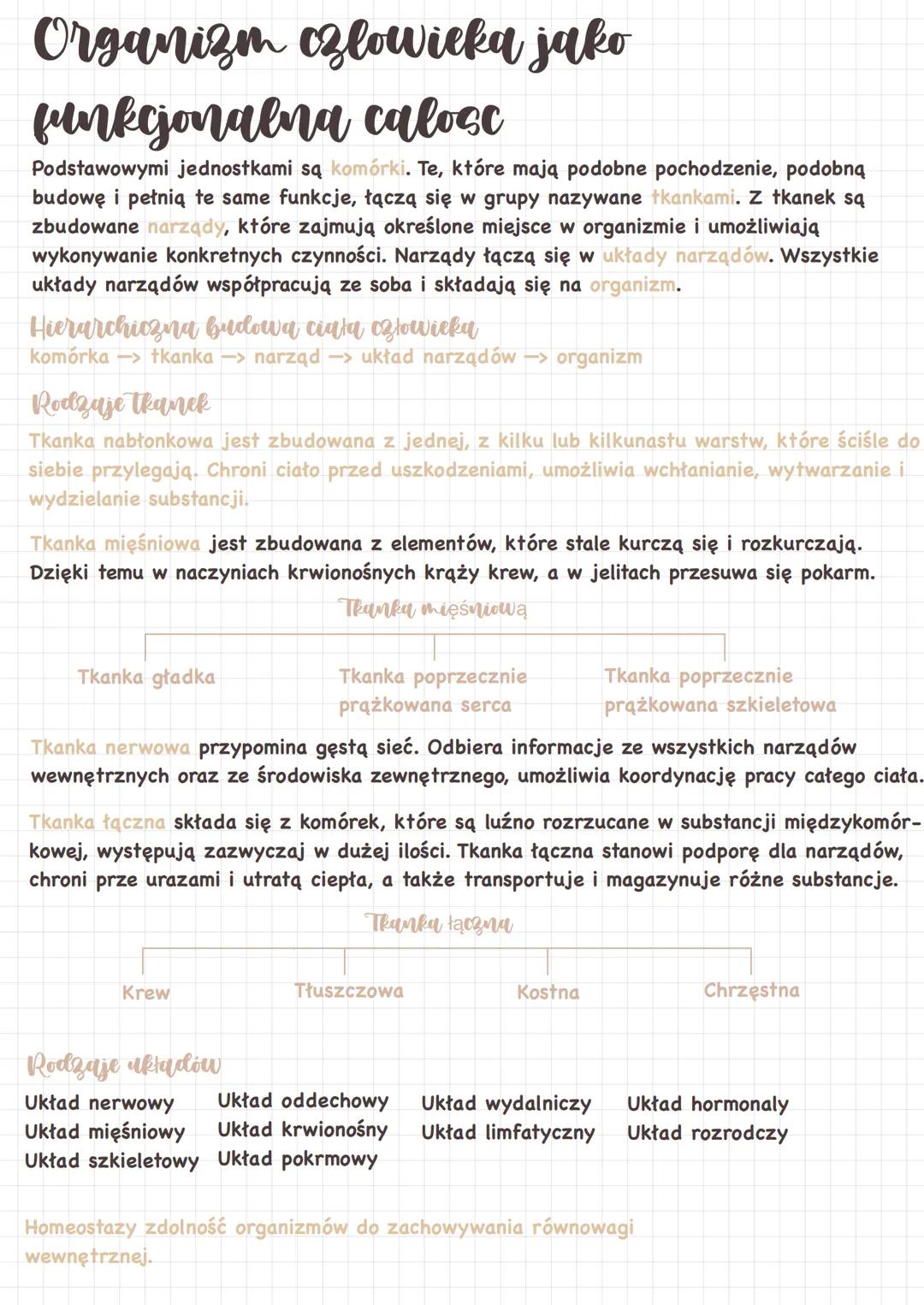 Organizm czlowieka jako
funkcjonalna calosc
Podstawowymi jednostkami są komórki. Te, które mają podobne pochodzenie, podobną
budowę i pełnią