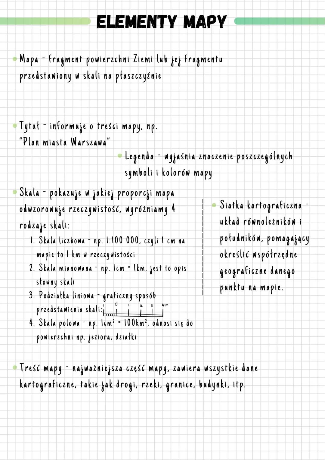 # ELEMENTY MAPY
- Mapa - fragment powierzchni Ziemi lub jej fragmentu
przedstawiony w skali na płaszczyźnie
- Tytuł informuje o treści map